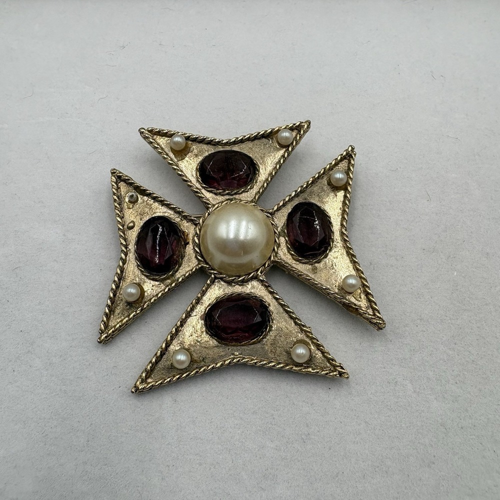 Carol Dauplaise Vibrant Runway Maltese Cross w/ faux pearls Pendant /Pinβ